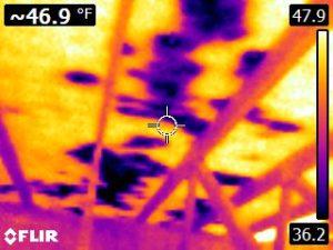 Here is an IR image of moisture on the underside of a roof not visible with the naked eye.